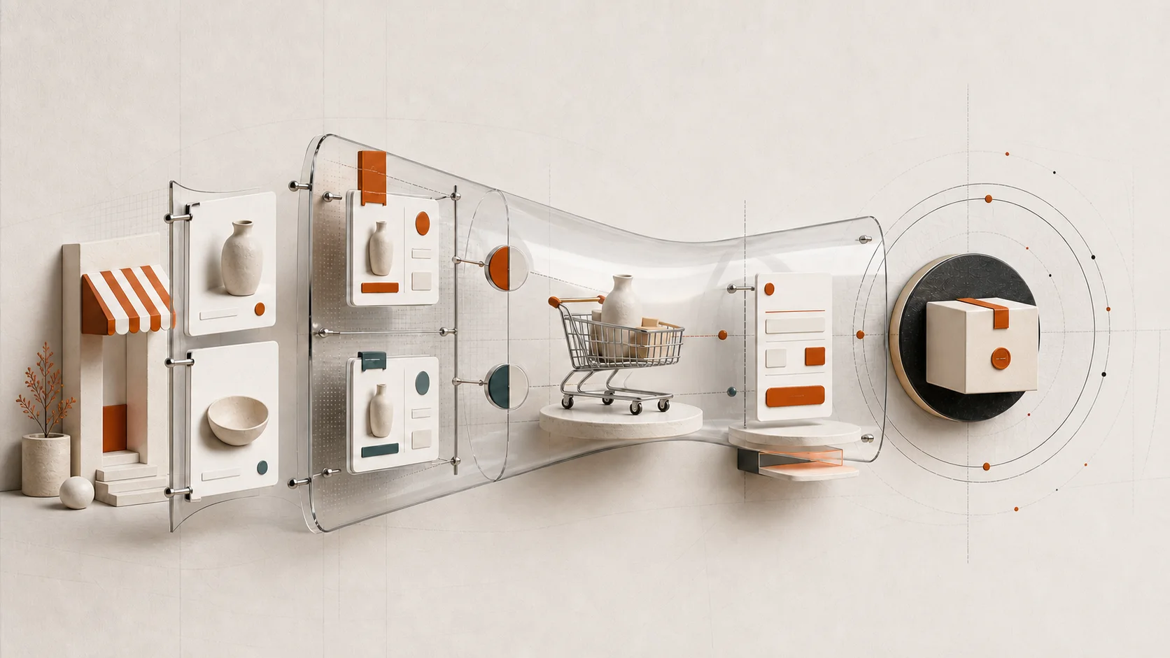 Abstract ecommerce storefront, cart, checkout, and completed-order stages moving through a measurement funnel