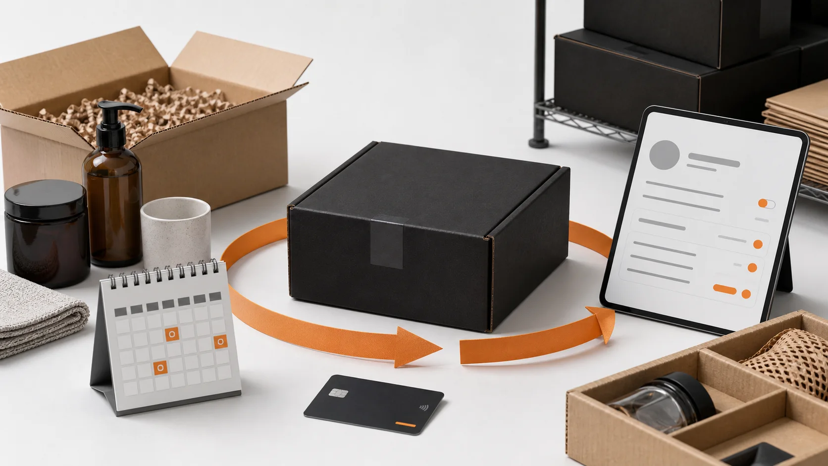 Subscription ecommerce workspace with recurring order, calendar, payment, and customer portal views